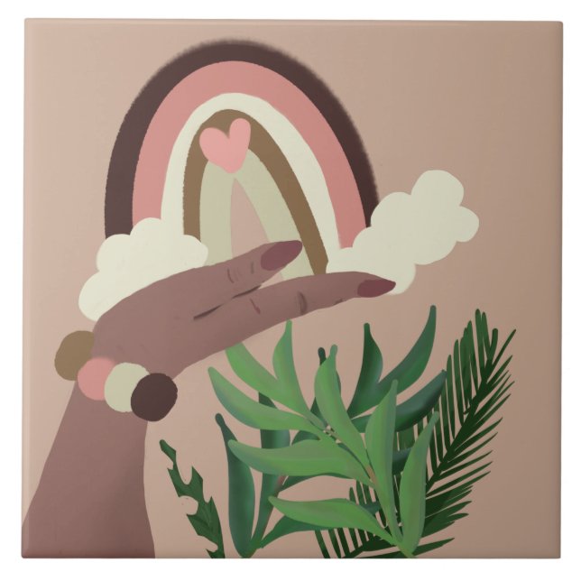 Hübsche Regenbogen Natur Weibliche Hände Fliese (Vorderseite)