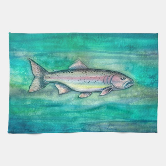 Hübsche Regenbogenforelle Wasserfarben Kunst Geschirrtuch (Horizontal)
