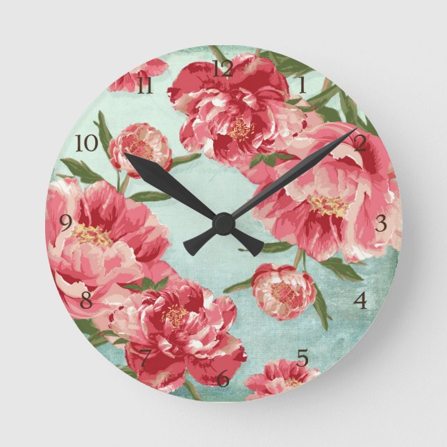 Hübsche Retro-Blume Chintz Peonies Personalisiert Runde Wanduhr (Vorderseite)