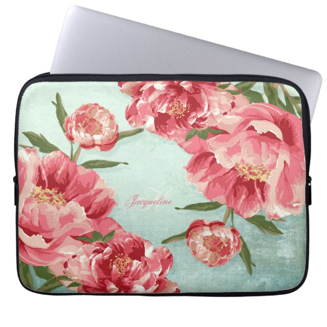 Hübsche Retro Blumen-Chintz-Pfingstrosen Laptopschutzhülle (Vorderseite)