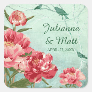 Hübsche Retro-Blumen-Siegel Chintz-Pfingstrosen Quadratischer Aufkleber