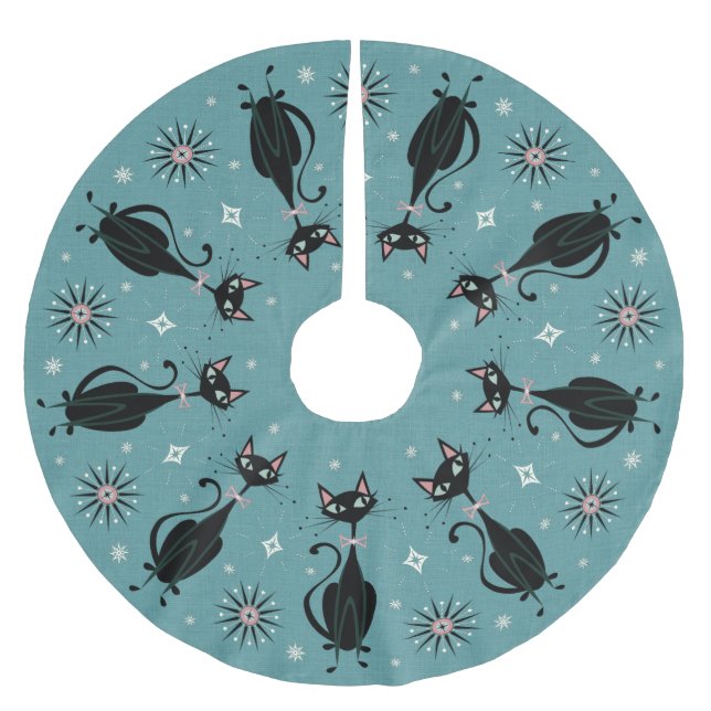 Hübsche Retro Kitty auf Cadet Blue Polyester Weihnachtsbaumdecke (Vorderseite)