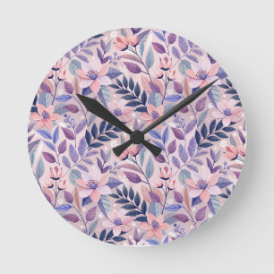 Hübsche Retro Lilac Floral Illustration Runde Wanduhr