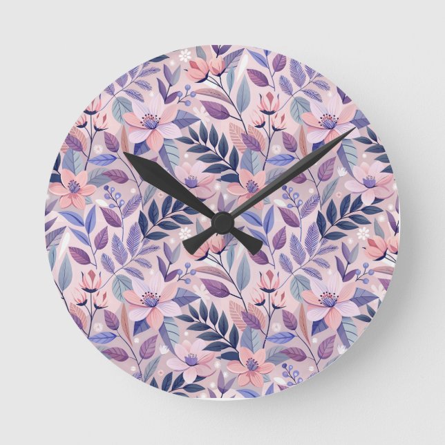 Hübsche Retro Lilac Floral Illustration Runde Wanduhr (Vorderseite)