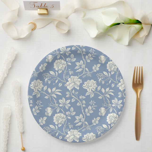 Hübsche Romantische Blaue Creme Blumen Brautparty Pappteller (Hochzeit)