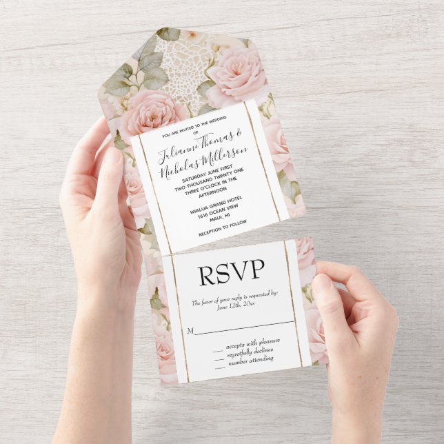 Hübsche romantische Creme Pink Roses Blumenhochzei All In One Einladung (Abreißen)