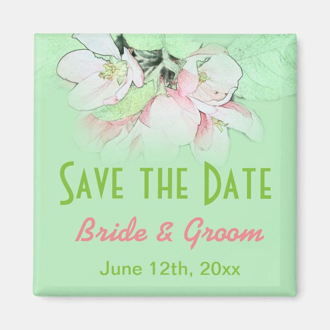 hübsche, rosa Apfelbäume, Save the Date grün Magnet (Vorne)