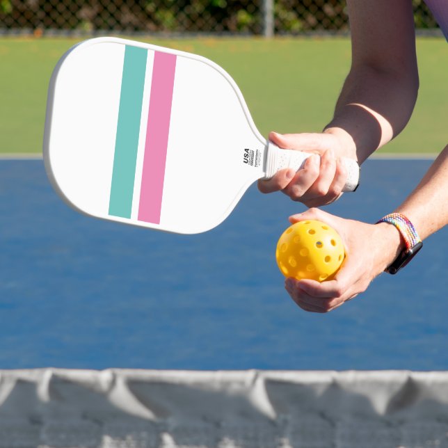 Hübsche rosa Aqua Racing Streifen Weiß Hintergrund Pickleball Schläger (InSitu)
