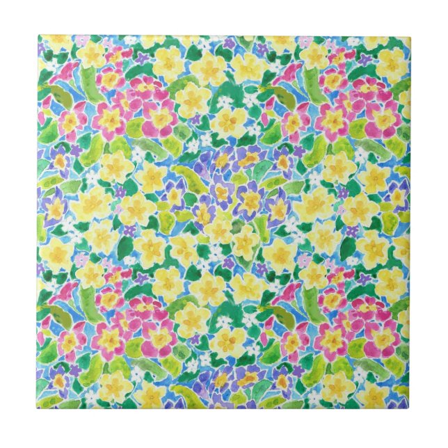 Hübsche Rosa, Blau, Gelbe Primrosen Keramik Tile Fliese (Vorderseite)