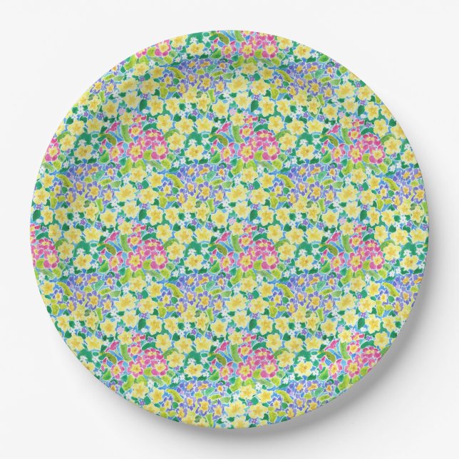 Hübsche rosa, blau, gelbe Primrosen Papiere Teller (Vorderseite)