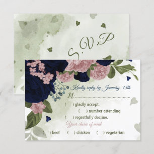 hübsche rosa blaue Blumen Grüne Speisekarte RSVP Karte