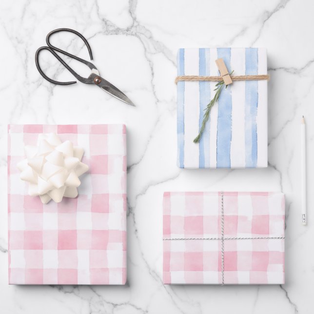 Hübsche rosa blaue weiße Karo Streifen Brautparty Geschenkpapier Set (Vorderseite)