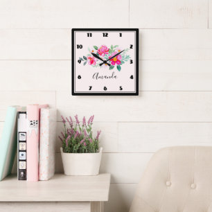 Hübsche rosa Blume Bouquet Quadratische Wanduhr