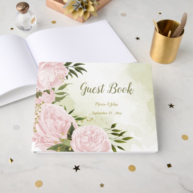 hübsche rosa Blume grün Blätter botanisch Gästebuch (Vorderseite Offen)