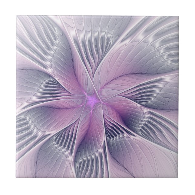 Hübsche rosa Blume Moderne Abstrakte Fraktal Kunst Fliese (Vorderseite)