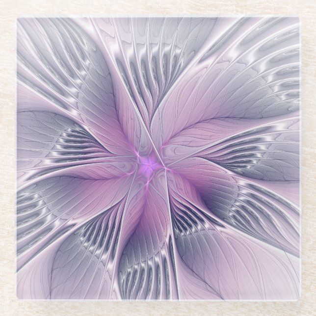 Hübsche rosa Blume Moderne Abstrakte Fraktal Kunst Glasuntersetzer (Vorderseite)