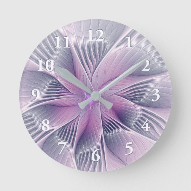 Hübsche rosa Blume Moderne Abstrakte Fraktal Kunst Runde Wanduhr (Vorderseite)