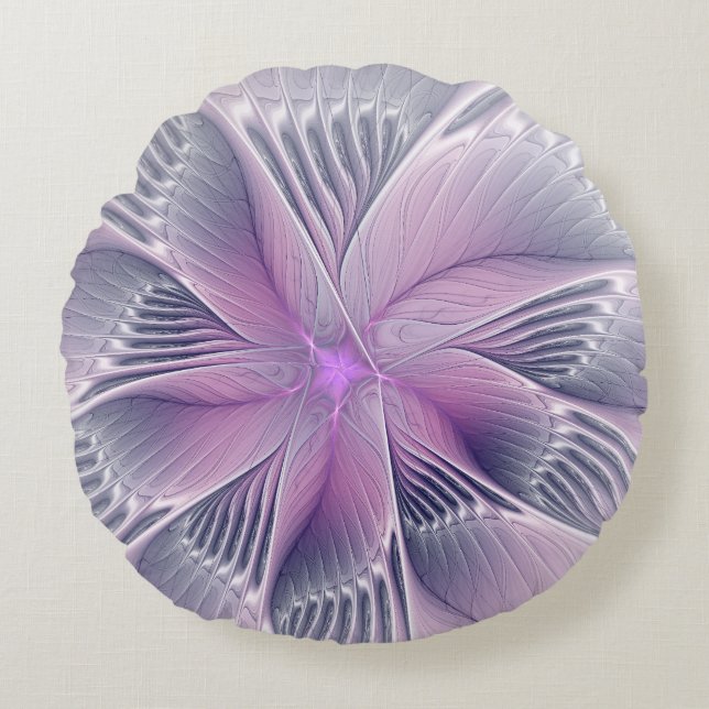 Hübsche rosa Blume Moderne Abstrakte Fraktal Kunst Rundes Kissen (Vorderseite)