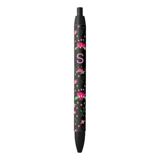 Hübsche rosa Blumen auf schwarzem Monogramm Kugelschreiber (Vorderseite Vertikal)