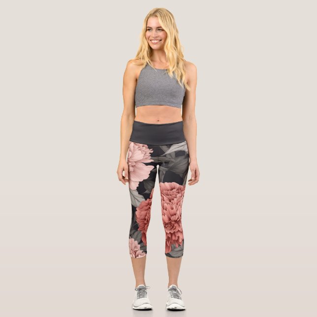 Hübsche rosa Blumen Capri Leggings (Vorderseite)