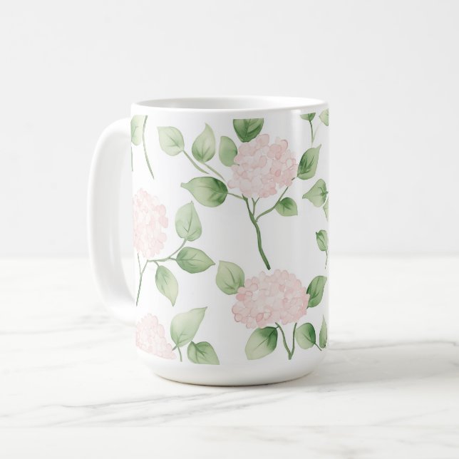 Hübsche rosa Blumen grüne Blätter   Kaffeetasse (Vorderseite Links)