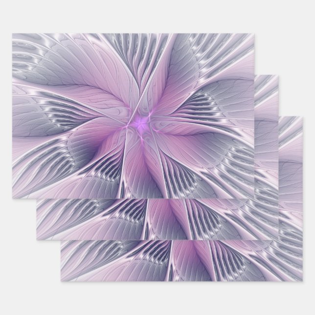 Hübsche rosa Blumen moderne abstrakte Fraktalkunst Geschenkpapier Set (Set)