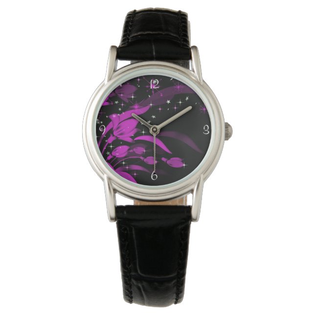 Hübsche rosa Blumen Sternenexplosionen Funkeln Armbanduhr (Vorderseite)