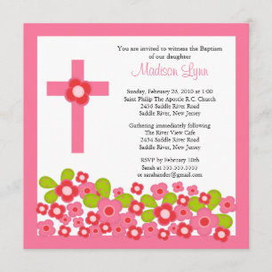 Hübsche rosa Blumen u. quere heilige Taufe Einladung