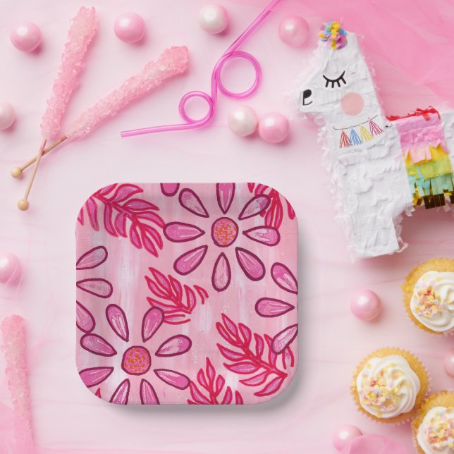 Hübsche rosa Blumen- und Blätter-Papierteller Pappteller (Party)