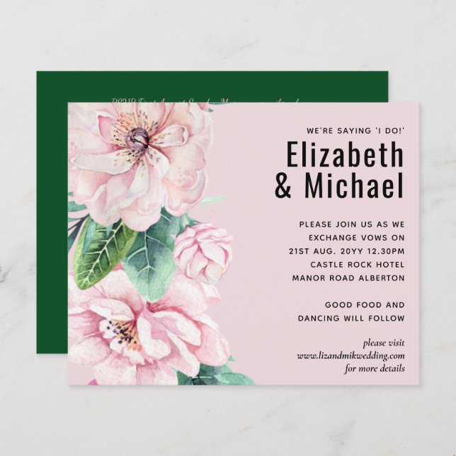 Hübsche Rosa Blumengrün Blätter Hochzeitbudget (Vorne/Hinten)