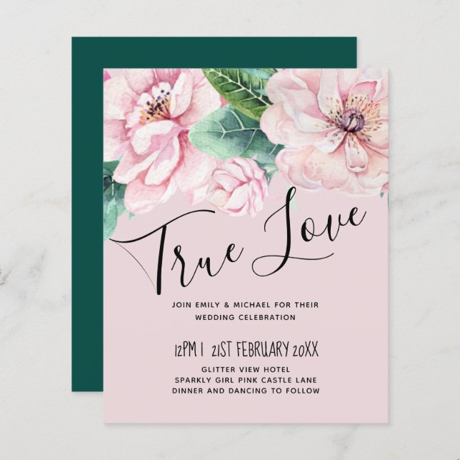 Hübsche Rosa Blumengrün Blätter Hochzeitbudget (Vorne/Hinten)