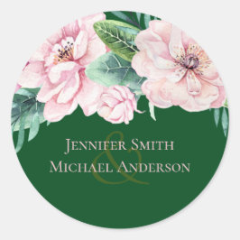 Hübsche Rosa Blumengrün Blätter Hochzeitbudget Runder Aufkleber