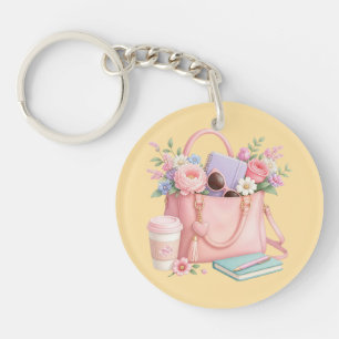 Hübsche rosa Blumenhandtasche mit gelbem Hintergru Schlüsselanhänger
