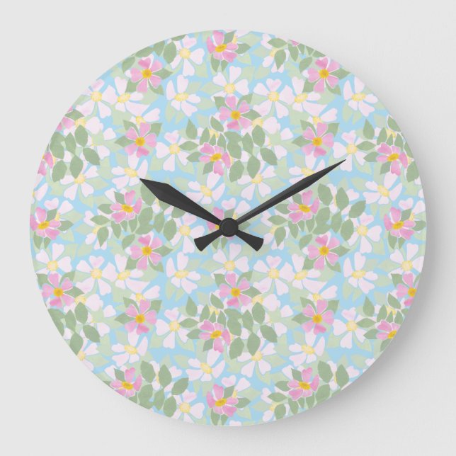 Hübsche rosa Dogros auf Sky Blue Round Wall Clock Große Wanduhr (Vorderseite)