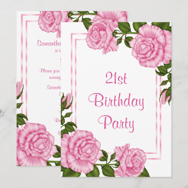 Hübsche rosa Eckblumenstrauß-21. Geburtstag Einladung (Vorne/Hinten)