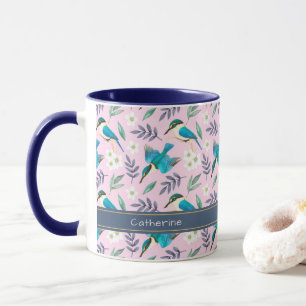 Hübsche rosa Eisvogel-Vögel Blumenmuster Name Tasse
