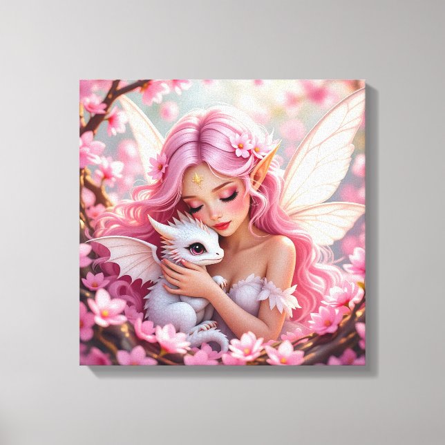 Hübsche rosa Elfenfee und Drache  Leinwanddruck (Vorderseite)