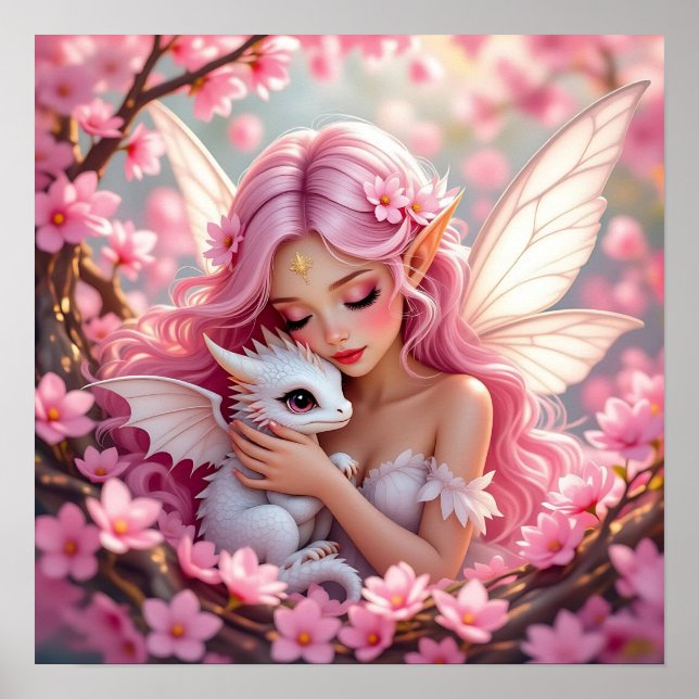 Hübsche rosa Elfenfee und Drache  Poster (Vorne)