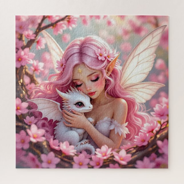 Hübsche rosa Elfenfee und Drache  Puzzle (Vertikal)