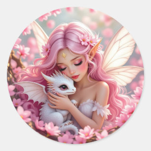 Hübsche rosa Elfenfee und Drache Runder Aufkleber