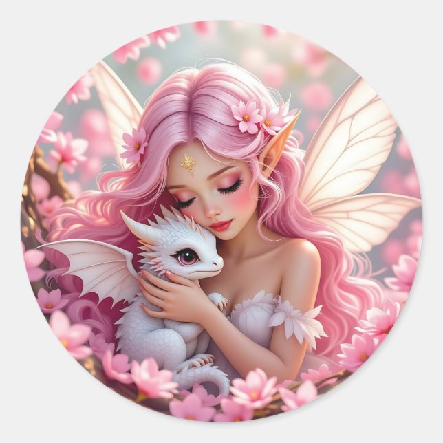 Hübsche rosa Elfenfee und Drache  Runder Aufkleber (Vorderseite)
