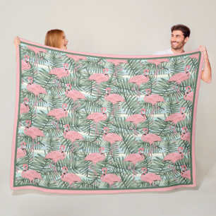 Hübsche rosa Flamingos, süße Palmwedel-Kunstmuster Fleecedecke