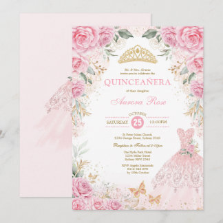 Hübsche Rosa Gold Rose Princess Dress Quinceañera Einladung