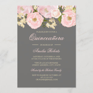 Hübsche rosa graue Blumen-Quinceanera-Einladung Einladung