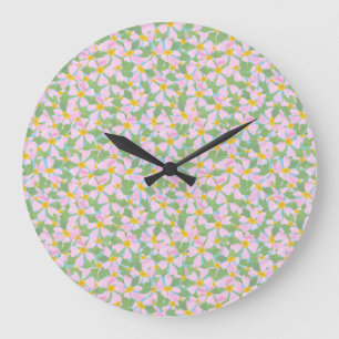 Hübsche rosa Heckenrosen auf himmelblauer runder W Große Wanduhr