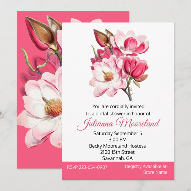 Hübsche Rosa Magnolias Bridal Dusche Einladung (Vorne/Hinten)
