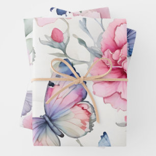 Hübsche Rosa Nelken Butterfly Bird Mix Geschenkpapier Set