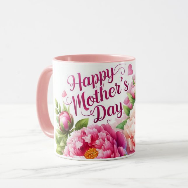 Hübsche Rosa Peonies Mother's Day Floral Tasse (Vorderseite Links)