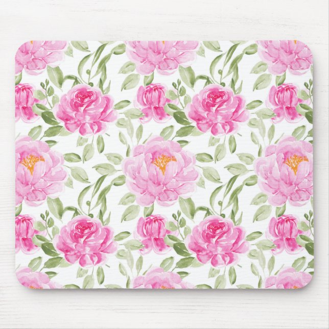 Hübsche rosa Peonies und Grünpflanzen Blumenmuster Mousepad (Vorne)