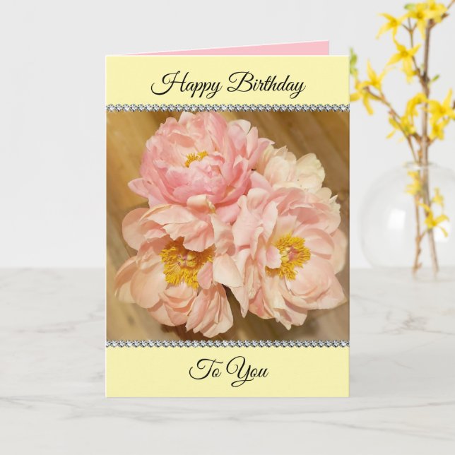 Hübsche Rosa Peonies zum Geburtstag Karte (Gelbe Blume)